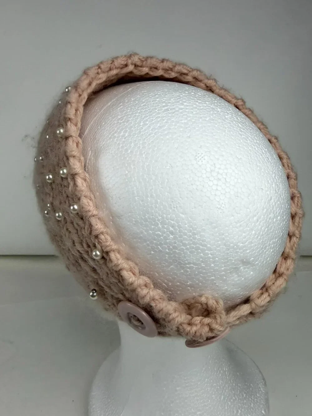 Handmade Knit Pearl Headband Blush Pink Winter Ear Warmer Button Closure